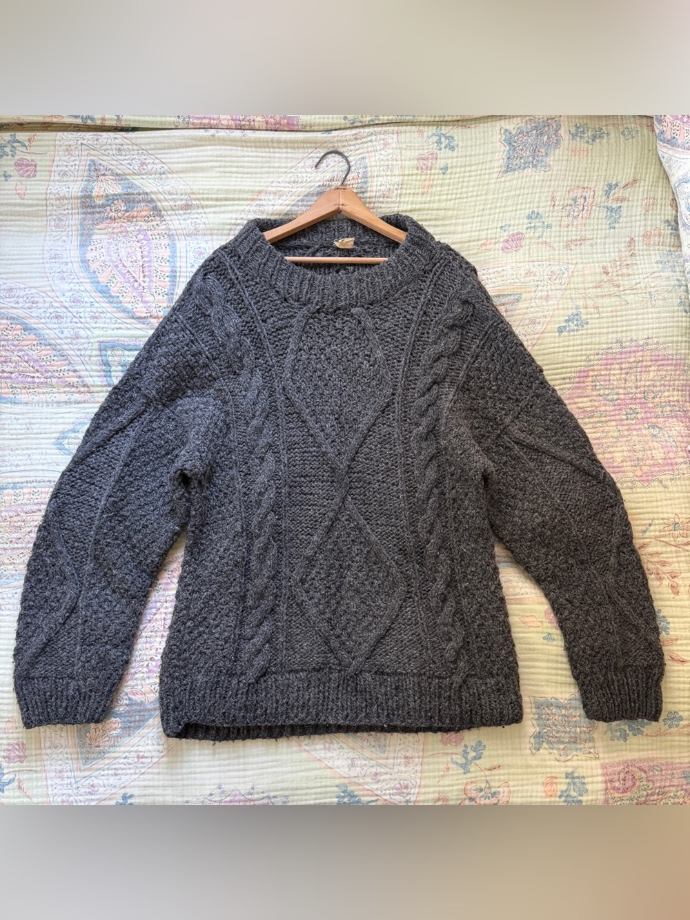 Vintage 100% Wool Handmade Chunky Cable Knit Fisherman Sweater Gray Oversized L